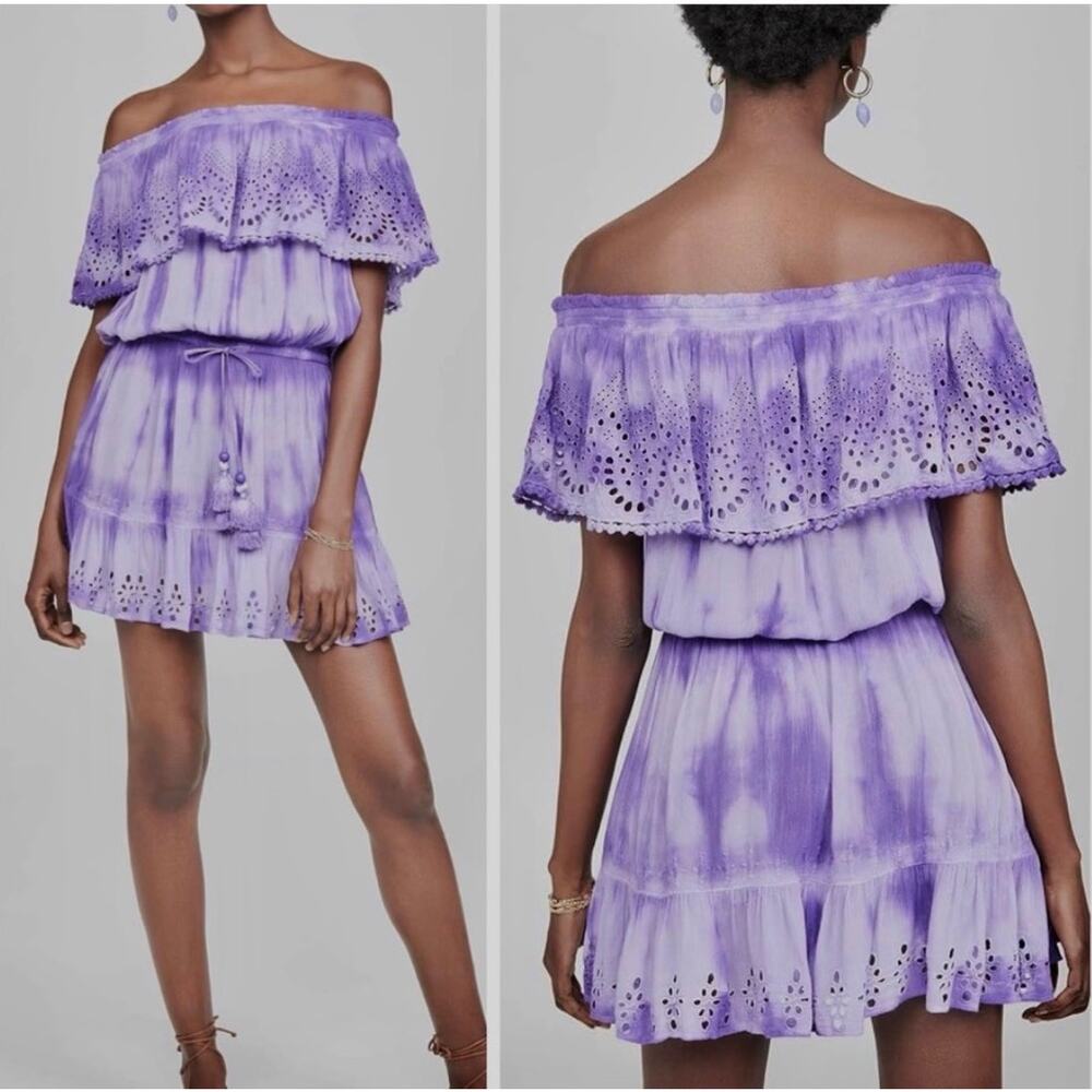 RAMY BROOK Off Shoulder Boho Eyelet Mini Dress Purple Peasant Festival Medium - Picture 2 of 9